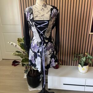 VTG Dare to Wear Floral Mini Dress Black Sheer Lace Up Party coquette fairycore‎